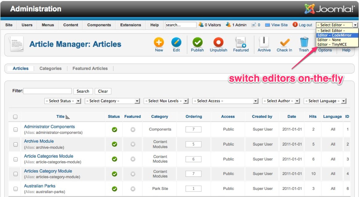 Switch Editor - быстрая смена редактора в админке Joomla